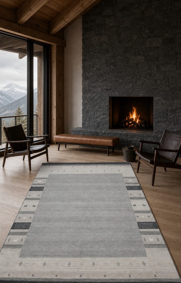 Handloomed gray gabbeh tribal wool area rug in a styled room (1)