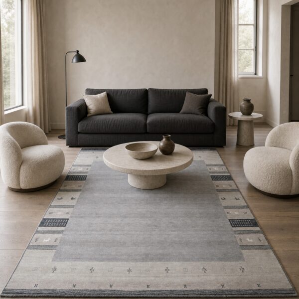 Handloomed gray gabbeh tribal wool area rug in a styled room (2)