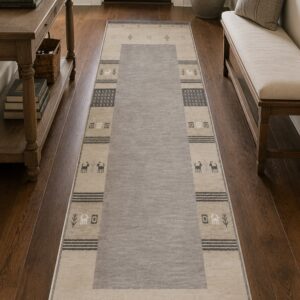 Handloomed Gray Gabbeh Tribal Wool Area Rug in a styled room (3)