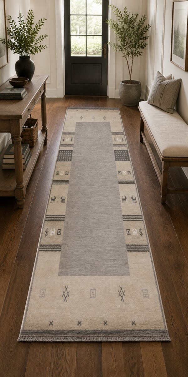 Handloomed gray gabbeh tribal wool area rug in a styled room (3)