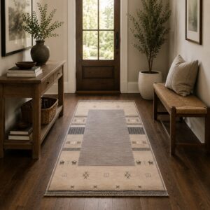 Handloomed Gray Gabbeh Tribal Wool Area Rug in a styled room (4)