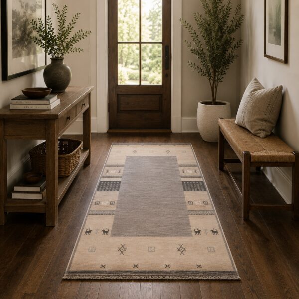 Handloomed gray gabbeh tribal wool area rug in a styled room (4)