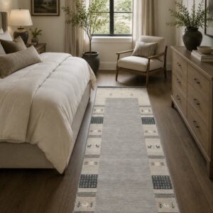 Handloomed Gray Gabbeh Tribal Wool Area Rug in a styled room (5)
