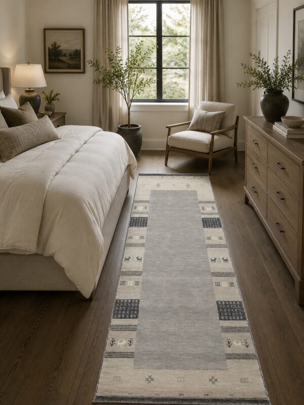 Handloomed gray gabbeh tribal wool area rug in a styled room (5)