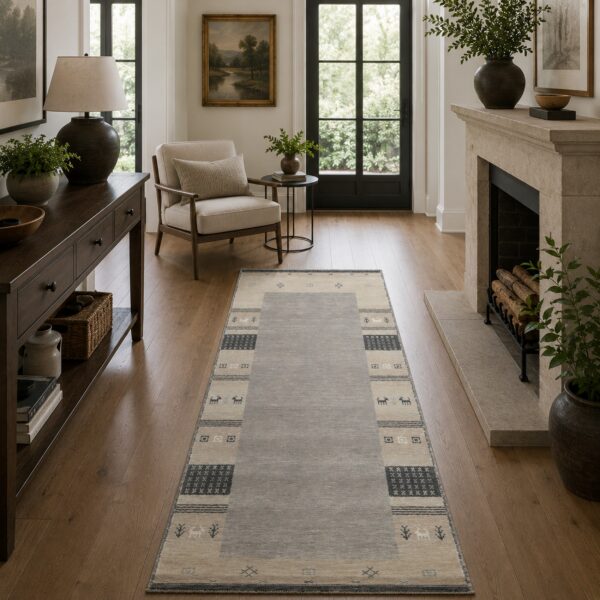 Handloomed gray gabbeh tribal wool area rug in a styled room (6)