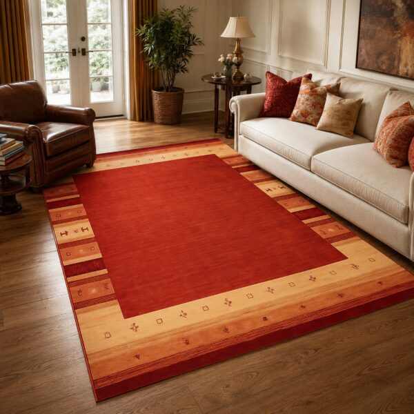 Handloomed red gabbeh tribal wool area rug in a styled room (1)