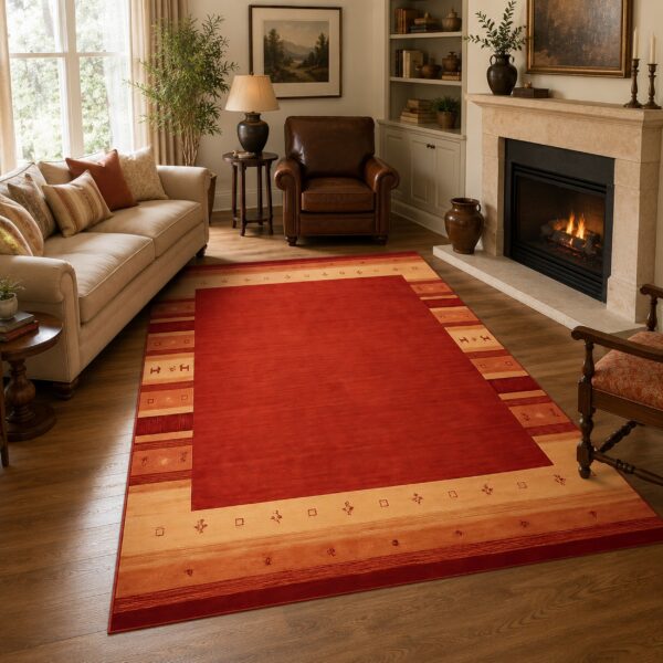 Handloomed red gabbeh tribal wool area rug in a styled room (2)