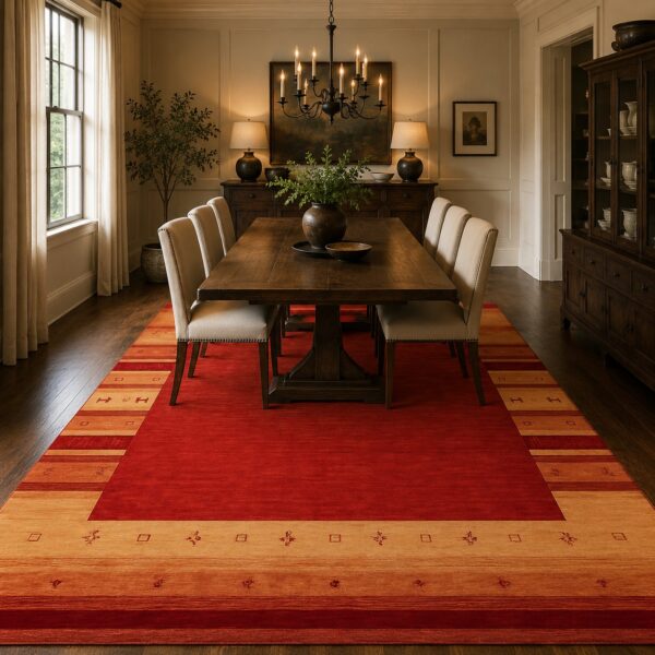 Handloomed red gabbeh tribal wool area rug in a styled room (3)