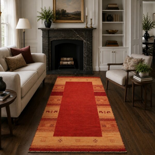 Handloomed red gabbeh tribal wool area rug in a styled room (4)