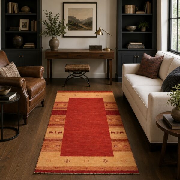 Handloomed red gabbeh tribal wool area rug in a styled room (5)