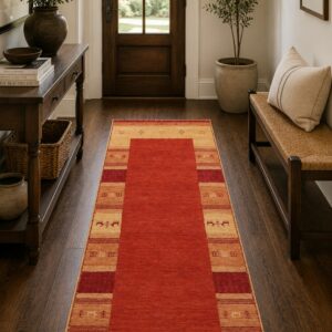 Handloomed Red Gabbeh Tribal Wool Area Rug in a styled room (6)