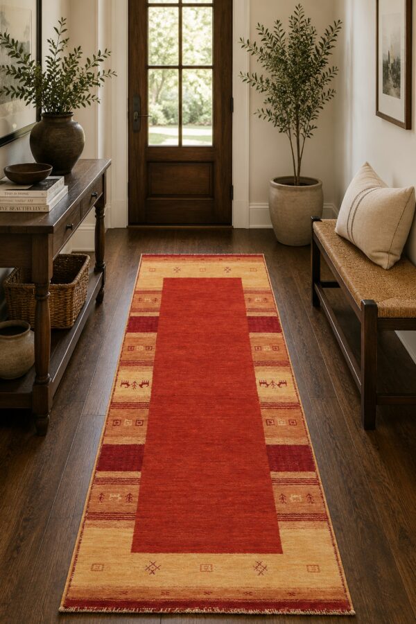 Handloomed red gabbeh tribal wool area rug in a styled room (6)