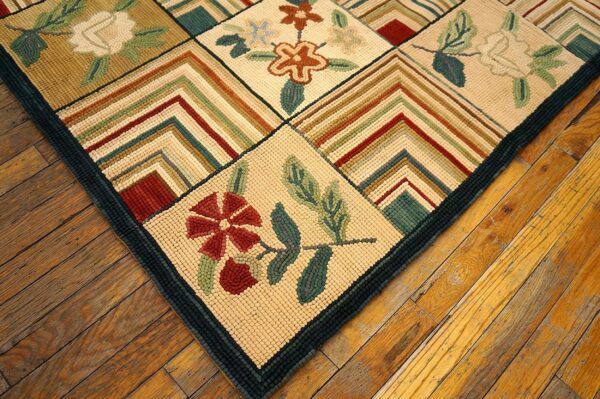 Excellent folk art style in a beige background contemporary american hooked rug 6 Excellent folk art style in a beige background contemporary american hooked rug - detail view 5