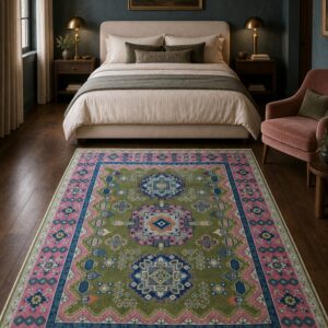 Green and fuchsia Kazak rug in a designer bedroom