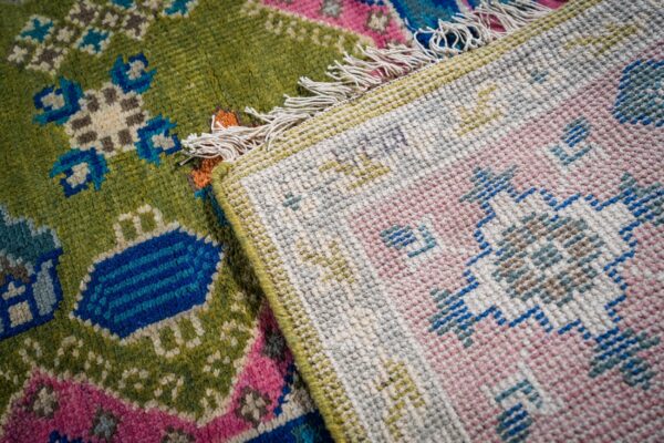 Ava kazak light green hand knotted wool rug 12 Green and fuchsia kazak rug hand-knotted back and pile detail