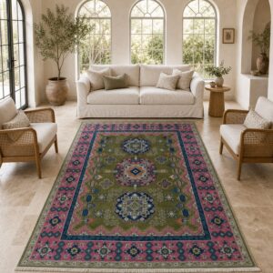 Green and fuchsia Kazak rug styled in a bright conservatory living room