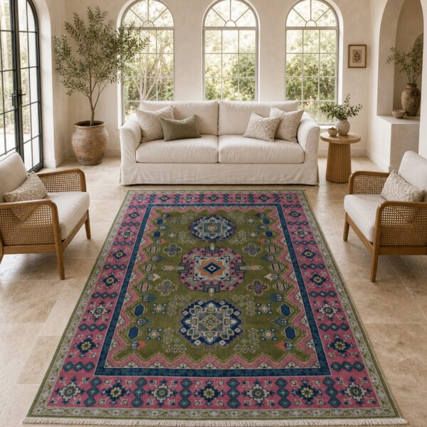Ava kazak light green hand knotted wool rug 16 Green and fuchsia kazak rug styled in a bright conservatory living room