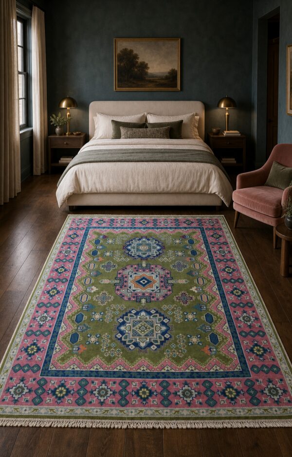 Ava kazak light green hand knotted wool rug 17 Green and fuchsia kazak rug styled in a designer bedroom