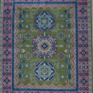 Green and fuchsia traditional Kazak hand-knotted wool rug, full overhead view