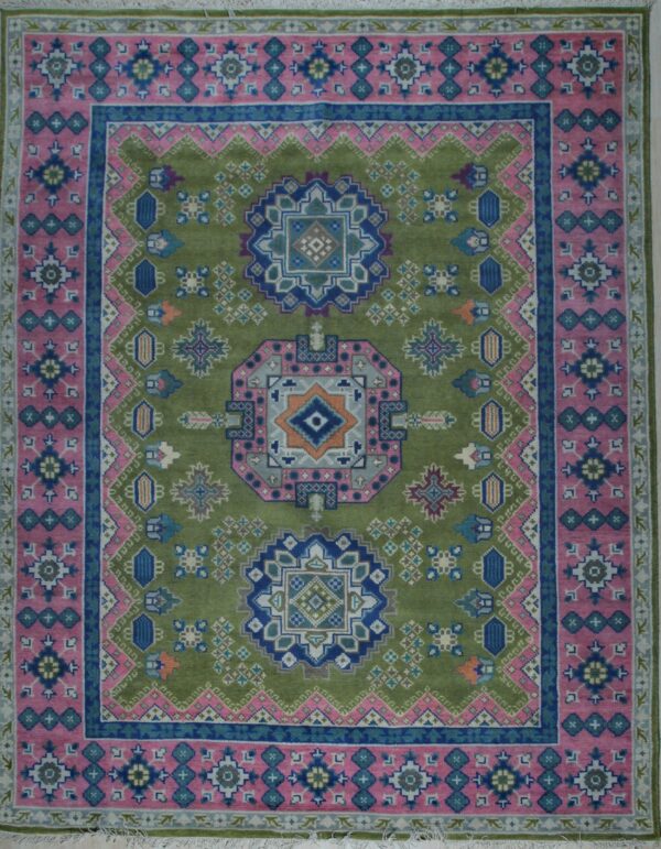 Ava kazak light green hand knotted wool rug 6 Green and fuchsia traditional kazak hand-knotted wool rug, full overhead view