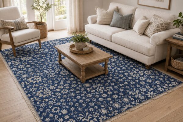 Blue ivory oushak floral rug styled in a cozy living room