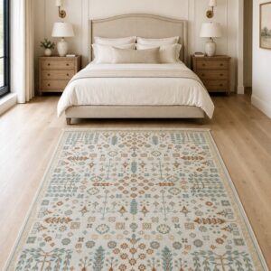 Ivory Oushak floral rug styled in a serene bedroom