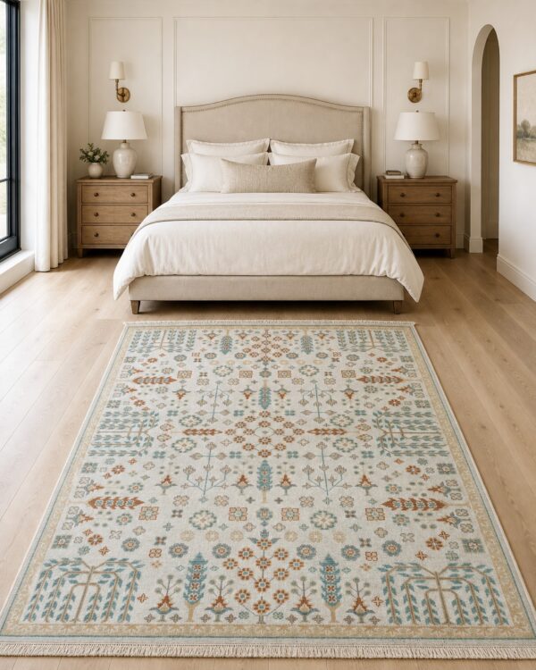 Ivory oushak floral rug styled in a serene bedroom