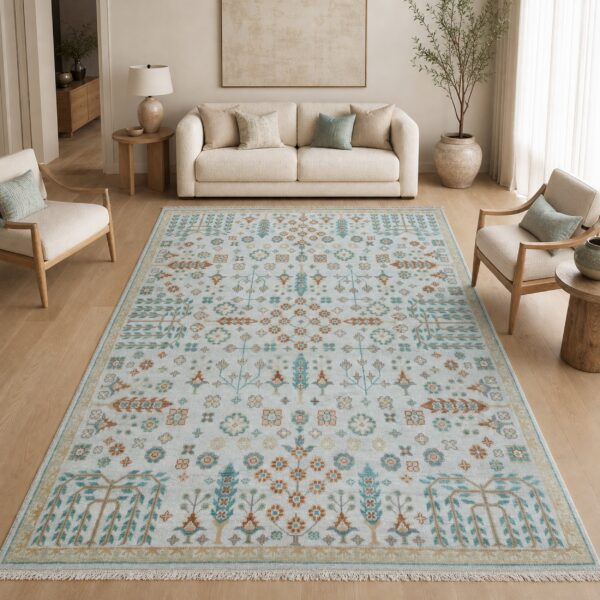 Ivory oushak floral rug styled in a bright living room