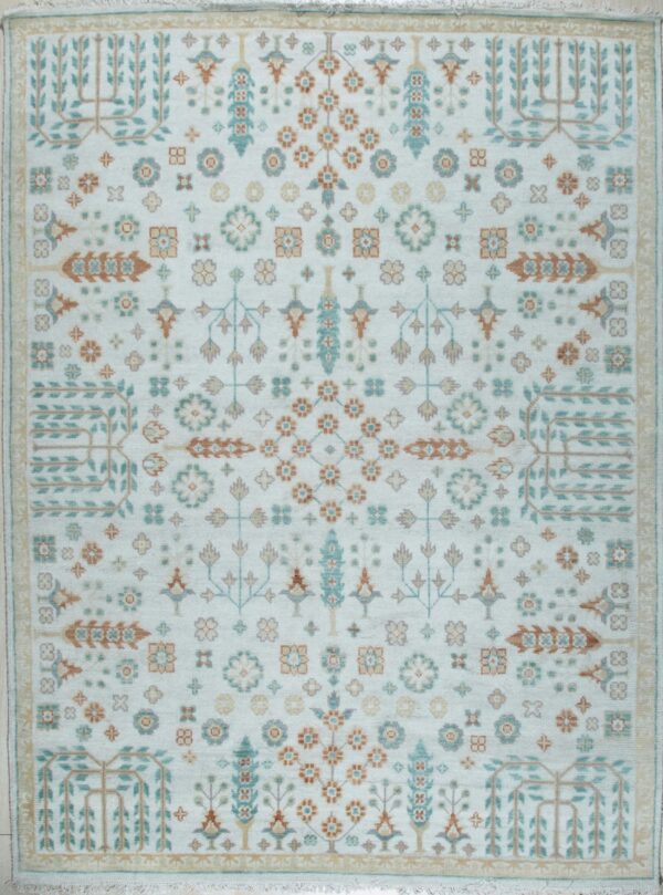 Ivory oushak floral hand-knotted wool area rug, full overhead view