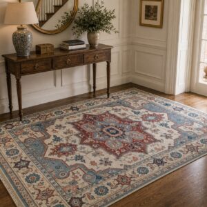 Ivory traditional medallion rug styled in an entryway with a console table