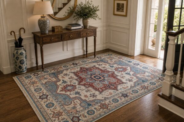 Ivory traditional medallion rug styled in an entryway with a console table