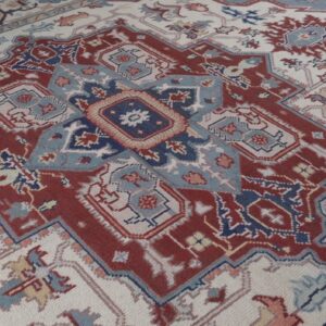 Ivory medallion rug medallion close-up in rust and slate blue