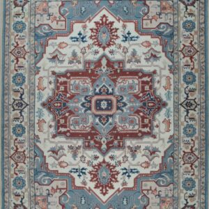 Ivory traditional medallion hand-knotted wool area rug, full overhead view