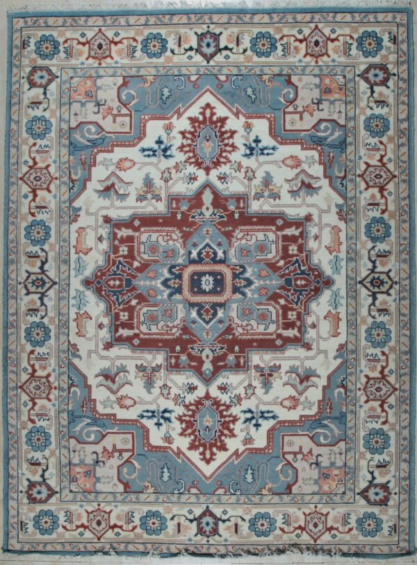 Ivory traditional medallion hand-knotted wool area rug, full overhead view