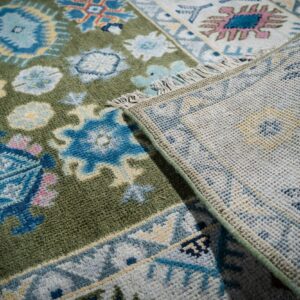 Light green beige Kazak rug back and field detail