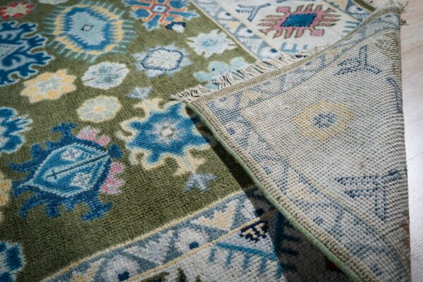 Light green beige kazak rug back and field detail