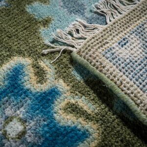 Light green beige Kazak rug hand-knotted back and fringe detail