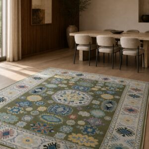 Light green beige Kazak rug styled in a dining room