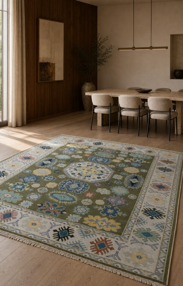 Light green beige kazak rug styled in a dining room
