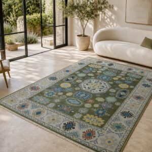 Light green beige Kazak rug styled in a bright living room