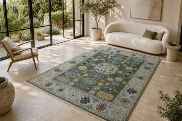 Light green beige kazak rug styled in a bright living room