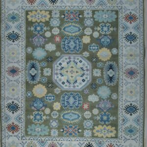Light green and beige traditional Kazak hand-knotted wool rug, full overhead view