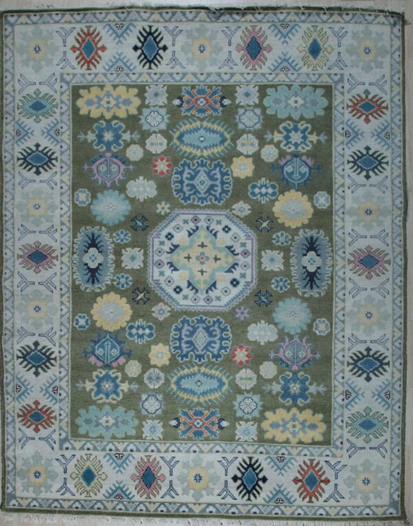 Light green and beige traditional kazak hand-knotted wool rug, full overhead view