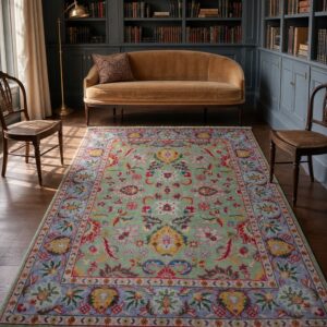Light green Oushak floral rug styled in a library sitting room