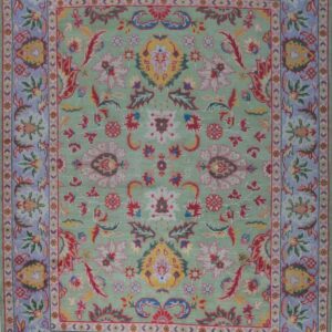Light green Oushak floral hand-knotted wool area rug, full overhead view