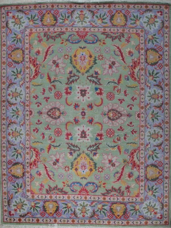 Light green oushak floral hand-knotted wool area rug, full overhead view