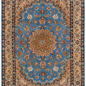 Mid 20th Century Blue Medallion Isfahan Carpet with Silk Highlights Wool Knotted
