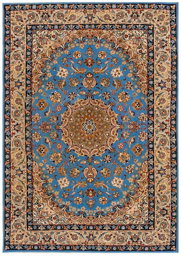 Mid 20th century blue medallion isfahan carpet with silk highlights wool knotted 1 Mid 20th century blue medallion isfahan carpet with silk highlights wool knotted