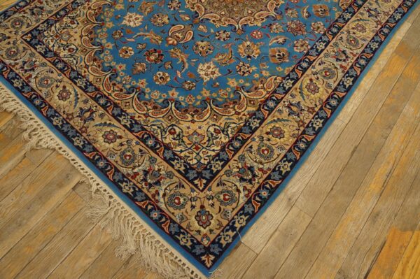 Mid 20th century blue medallion isfahan carpet with silk highlights wool knotted 3 Mid 20th century blue medallion isfahan carpet with silk highlights wool knotted - detail view 2