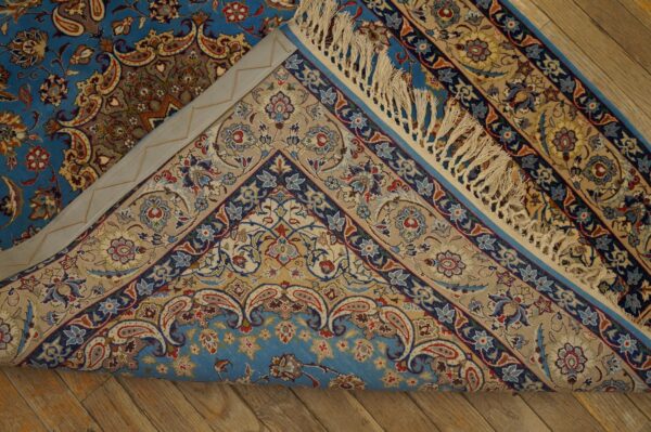 Mid 20th century blue medallion isfahan carpet with silk highlights wool knotted 4 Mid 20th century blue medallion isfahan carpet with silk highlights wool knotted - detail view 3